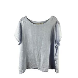 Cynthia Rowley Linen Side Wooden Buttons Short Sleeve Round Neck Blouse 2X Blue